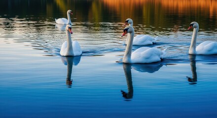 Elegant swans gracefully gliding on the tranquil blue lake at golden hour serenity