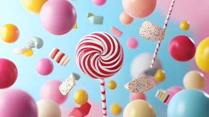 A vibrant assortment of colorful candies float playfully against a soft blue background, sweet and delightful.