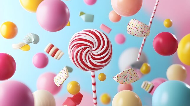 A vibrant assortment of colorful candies float playfully against a soft blue background, sweet and delightful.
