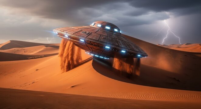 Mysterious unidentified flying object descends amid sandy dunes during desert storm