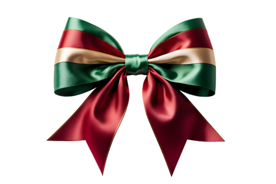 Luxury Tricolor Satin Christmas Bow with Red Green and Gold Stripes Isolated on Light Background for Gift Decoration