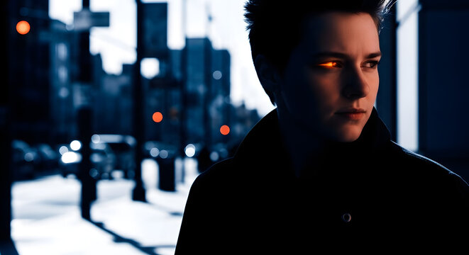 Cinematic portrait of a futuristic individual with glowing orange eyes in a moody, nocturnal urban landscape