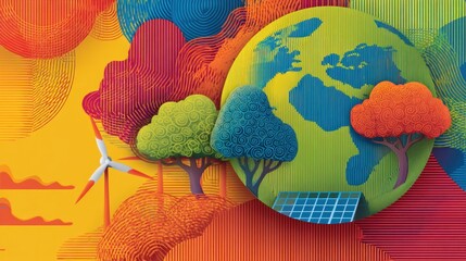 Vibrant paper-cut collage Earth, trees, wind turbine, solar panel, and colorful, stylized clouds