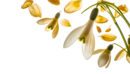 Delicate snowdrops bloom in spring, their white petals adorned with subtle golden hues, creating an ethereal and radiant display against a bright background