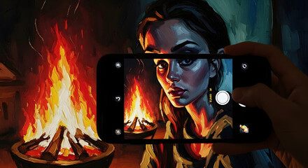 The art of capturing art a person's hand holds a smartphone to photograph a vivid painting of a woman by a campfire