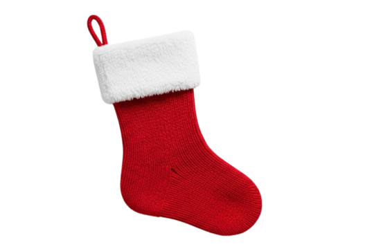 Traditional Red Knitted Christmas Stocking with White Fur Cuff and Hanging Loop Isolated on Light Background