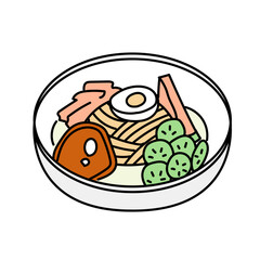 彩り豊かな具材がのった冷麺をシンプルな線画で描いた料理イラスト素材｜メニュー制作や食文化紹介に使いやすい独立したベクターの食べ物デザイン