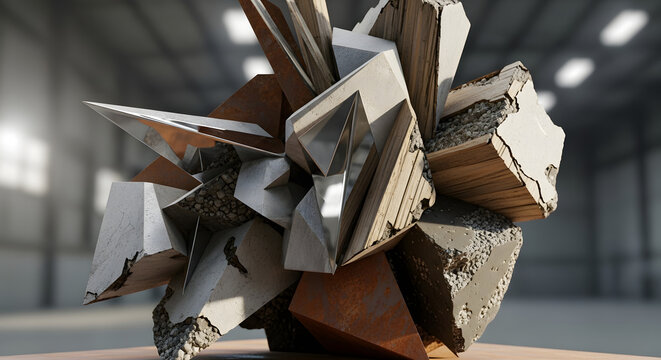 Deconstructed brutalist art piece composed of sharp geometric fragments of concrete and metal in a warehouse
