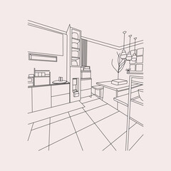Minimalist Line Art Interior Kitchen and Dining Space