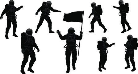 Astronaut silhouettes in various poses including holding a black flag space suit white background