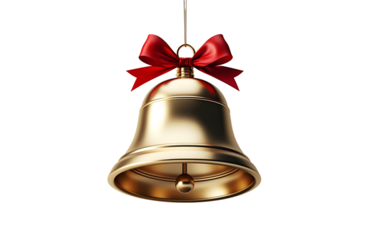 Realistic Golden Christmas Bell with Red Satin Ribbon Bow Hanging Isolated on Light Background for Festive Holiday Decoration