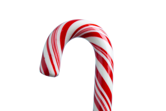 Macro Shot of Glossy Red and White Striped Candy Cane Curve Isolated on Light Background for Christmas Confectionery Design