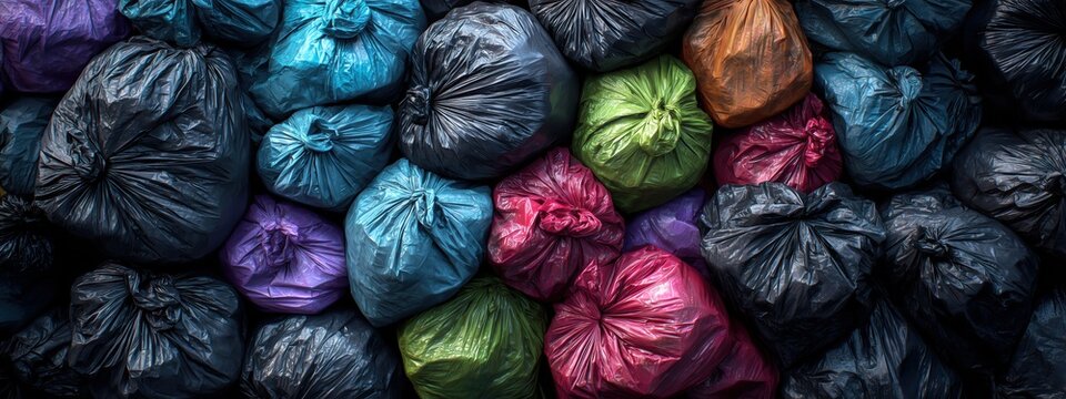 Colorful Pile of Trash Bags in Various Shapes and Sizes at a Waste Disposal Site - Powered by Adobe