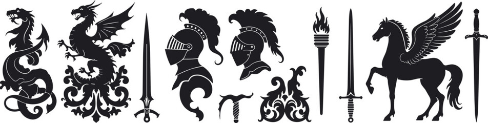 Black silhouette medieval fantasy elements dragons knights pegasus swords and torches vector