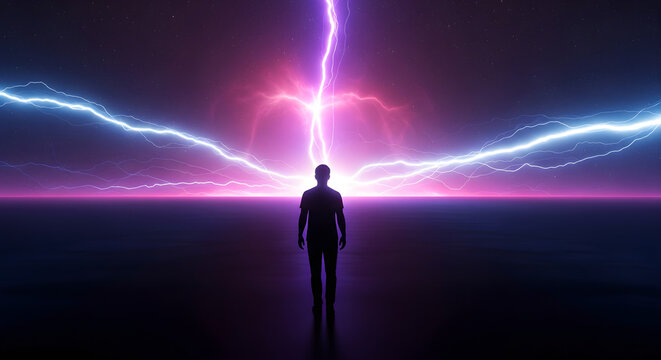 A lone human silhouette stands on a reflective plane under a dramatic sky of pink and blue lightning.