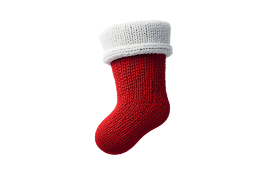 Classic Red Knitted Christmas Stocking with White Wool Cuff Isolated on Light Background for Holiday Gift Concept