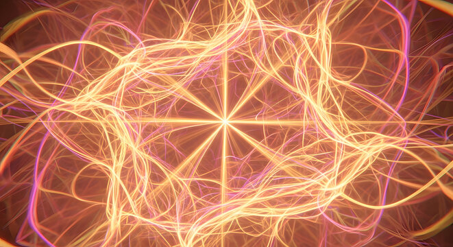An intricate abstract pattern of glowing orange and yellow wavy lines radiating from a central point, creating a dynamic and energetic visual.