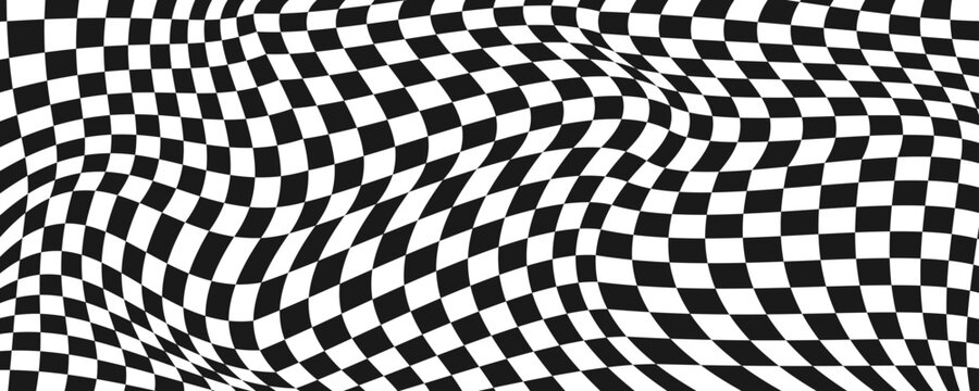Black and white trippy checkerboard background. Retro psychedelic checkered wallpaper. Wavy groovy chessboard surface. Distorted geometric grid chess pattern. Vector abstract deform race flag backdrop