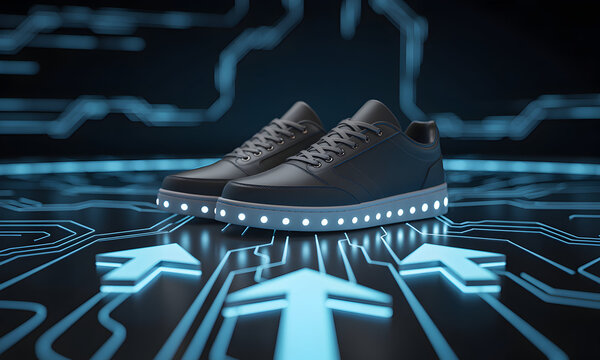 Modern shoes with glowing soles on a futuristic circuit board background, showcasing sleek design and innovative technology for fashion-forward individuals