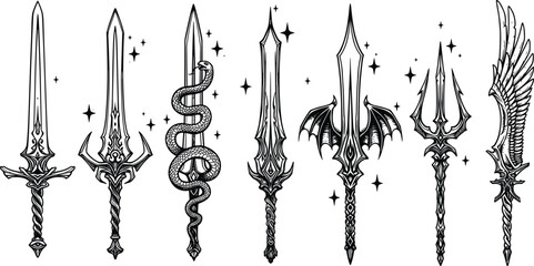 Collection of ornate fantasy swords and weapons with snake wings and trident black and white