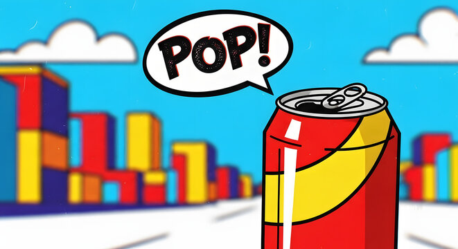 A cartoon soda can with the word "POP!" in a speech bubble, set against a colorful cityscape.