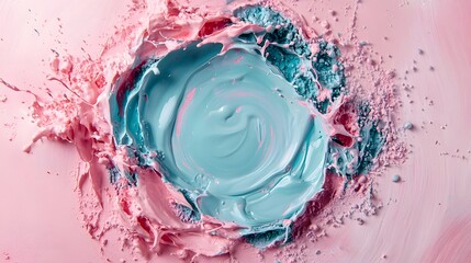 Top view of swirling pink and blue paint colliding, creating an artistic and colorful splash pattern.