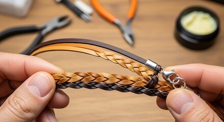 Detailed view showcasing braided leather craftsmanship in jewelry making process