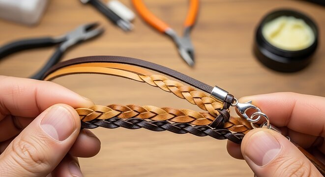 Detailed view showcasing braided leather craftsmanship in jewelry making process