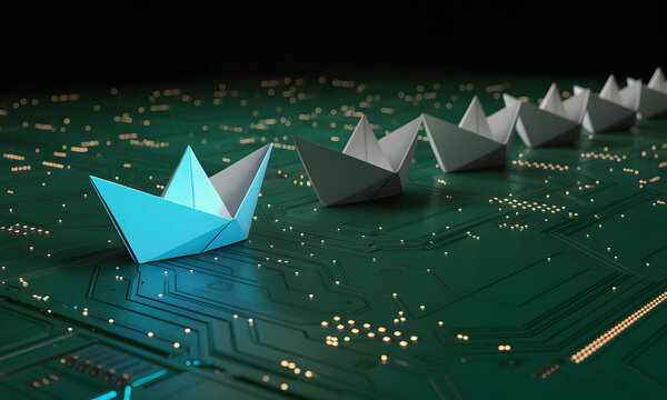 Bold blue paper boat leading a fleet of grey boats on a modern circuit board, perfect for tech startups, innovation, and future growth concepts
