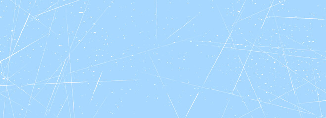Scratched ice surface texture. Blue icy background with skate traces, cracks, scratches. Rough winter sport rink backdrop. Frozen lake or pond water wallpaper with dots, spot and lines. Vector