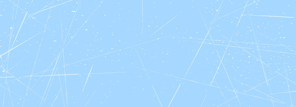 Scratched ice surface texture. Blue icy background with skate traces, cracks, scratches. Rough winter sport rink backdrop. Frozen lake or pond water wallpaper with dots, spot and lines. Vector