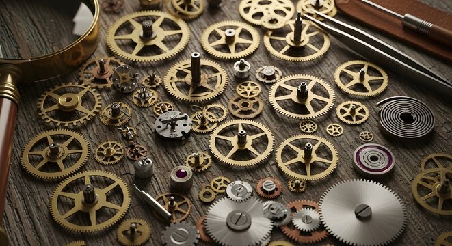 Vintage Watch Parts and Clockwork Gears on Wooden Surface perfect for website banner, engineering blog, vintage product background, mechanical concept
