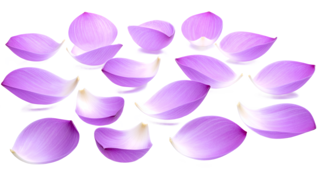 Delicate pink lotus petals scattered on a pristine white background, showcasing their natural beauty and serene elegance, perfect for themes of purity and tranquility