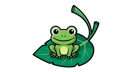 Obraz premium Cute Cartoon Green Frog Sitting on a Leaf Illustration perfect for children's book, website graphic, sticker, t-shirt design, educational material,