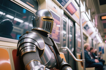 A person in a medieval knight costume sitting in a subway train, riding the metro to attend a convention where fans dressed up in their favorite anime, manga, superhero character for a cosplay event.