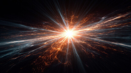  Title: Abstract cosmic energy burst light effect, orange and blue rays radiating from center, dynamic lines with strong visual impact, tech background asset