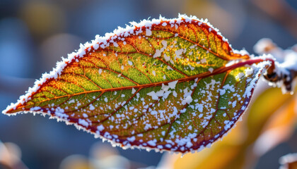 Frosted leaves display intricate patterns of ice crystals, showcasing vibrant colors of green, orange, and red. delicate frost adds magical touch to autumn foliage
