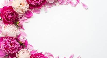Vibrant pink and red peonies with delicate scattered petals form an elegant floral border on a pristine white background, ideal for spring and summer designs