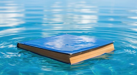 A captivating image of a blue book resting serenely on the surface of glistening water conveying