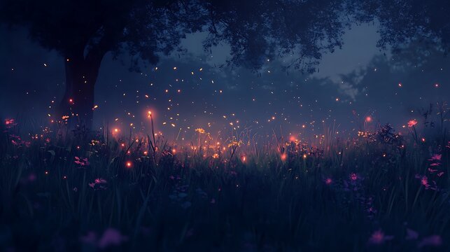 Captivating digital art of a magical night meadow illuminated by glowing fireflies and luminous wildflowers, perfect for fantasy, serene, or mystical