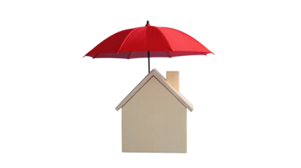 Protect your home with a vibrant red umbrella over a charming wooden house model