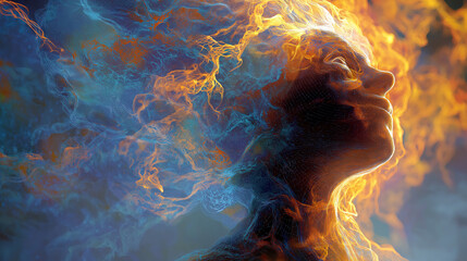 Surreal digital art, human side profile surrounded by blue and orange contrast smoke, dreamy tech abstract portrait for creative design projects