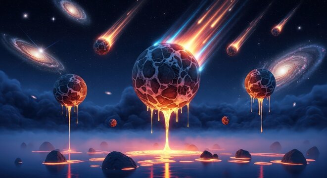 Cosmic collision and celestial bodies creating a molten landscape in the astral plane - Powered by Adobe