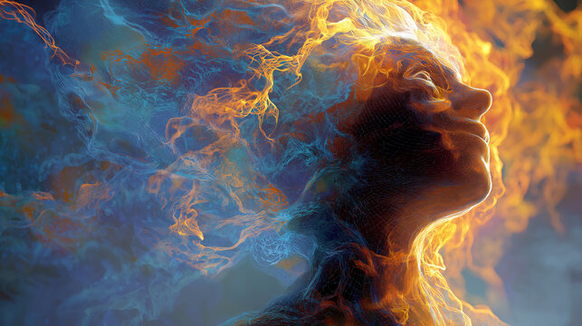 Surreal digital art, human side profile surrounded by blue and orange contrast smoke, dreamy tech abstract portrait for creative design projects