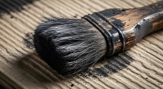 Rustic Paintbrush with Dark Paint on Weathered Wood perfect for art blogs, DIY websites, craft project content, home improvement articles, workshop