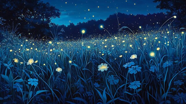 serene digital painting of a night meadow illuminated by glowing fireflies and mystical flowers, evoking an enchanting, fantasy atmosphere - Powered by Adobe