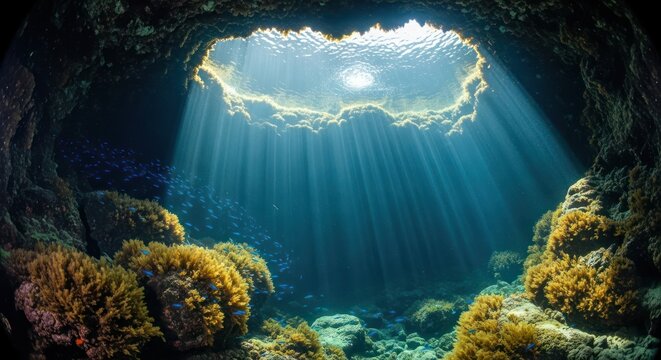 Sunlit underwater cave system with diverse marine life and unique rock formations - Powered by Adobe