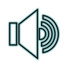 Abstract neon speaker icon emitting sound waves on a dark background