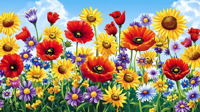 vibrant illustration of a summer flower field featuring red poppies, yellow sunflowers, and purple daisies under a blue sky, perfect for nature-themed designs and spring promotions