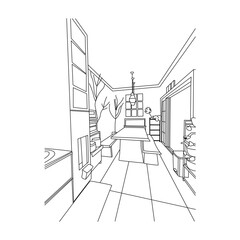 Detailed Line Art Sketch of a Modern Interior Room